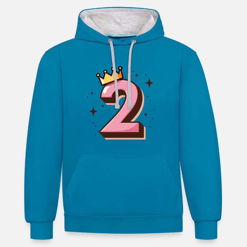 2e anniversaire Petite Princesse Couronne - Sweat à capuche contrasté - bleu paon/gris chiné