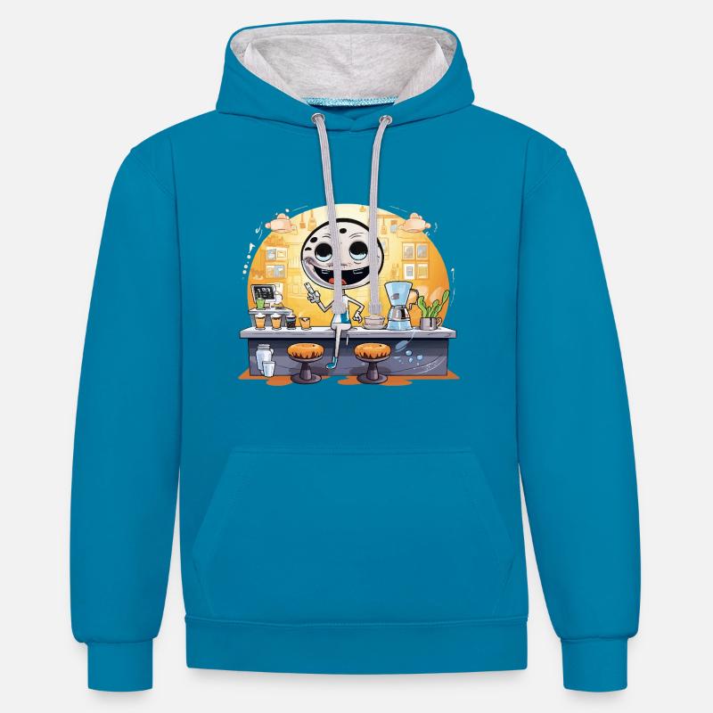 Dessin animé Barista Robot Café - Sweat à capuche contrasté - bleu paon/gris chiné