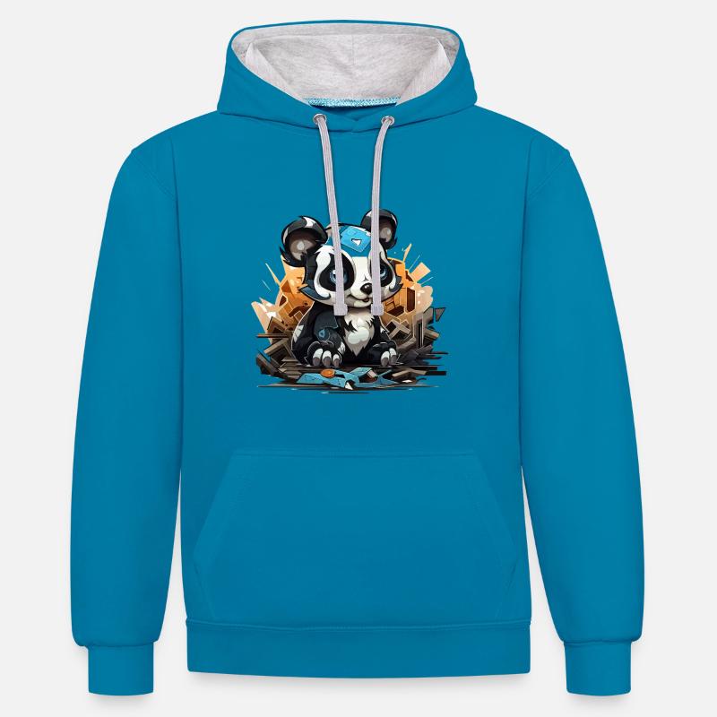 Charme de bloc de construction Panda - Sweat à capuche contrasté - bleu paon/gris chiné