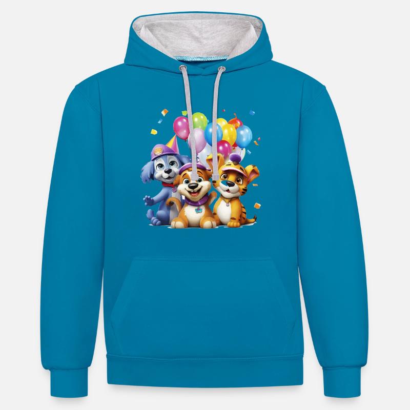 Trio de chiens Balloon Friends - Sweat à capuche contrasté - bleu paon/gris chiné