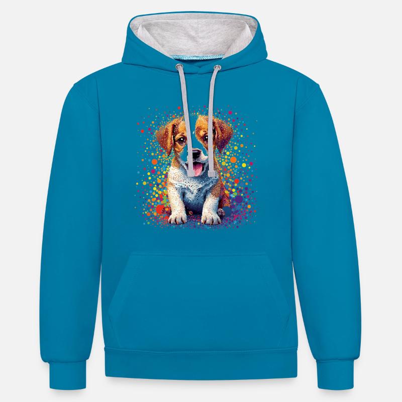 Chiot Beagle - Sweat à capuche contrasté - bleu paon/gris chiné