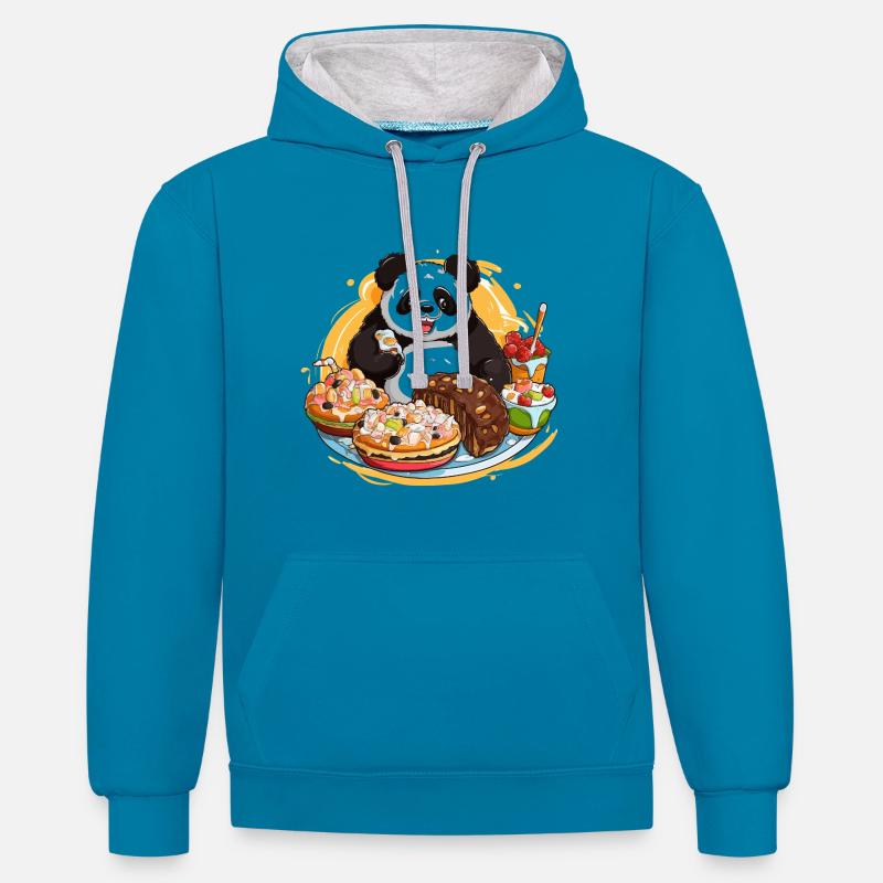 Festin de dessert de panda - Sweat à capuche contrasté - bleu paon/gris chiné
