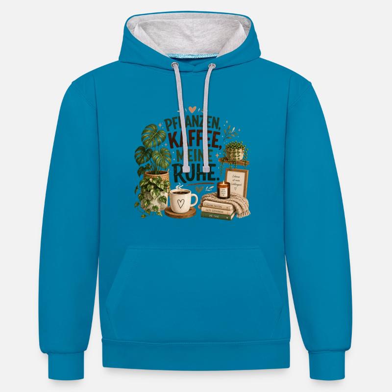 Plantes - Café - Tranquillité - Sweat à capuche contrasté - bleu paon/gris chiné
