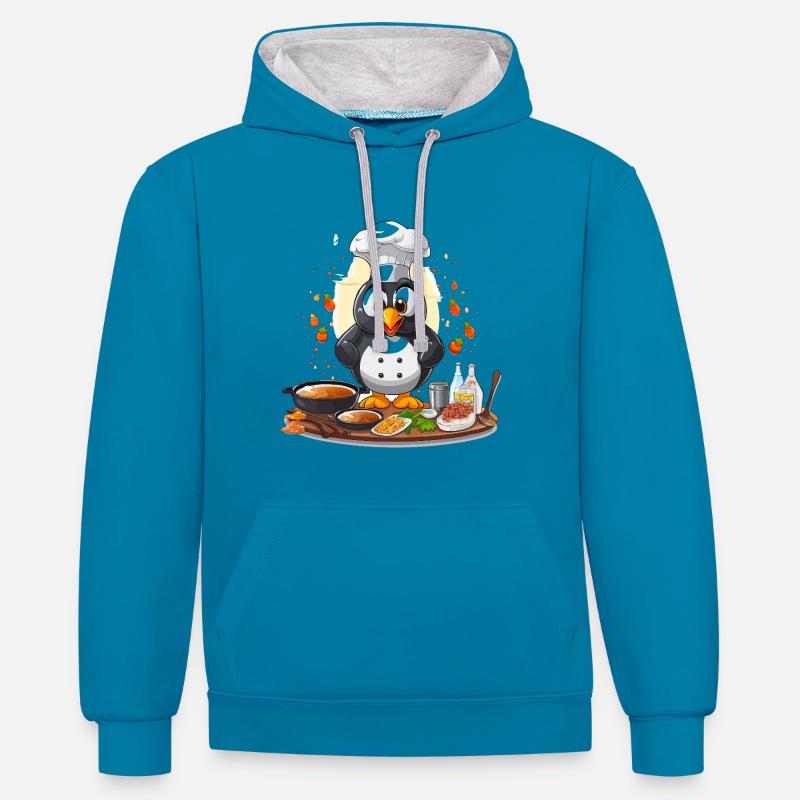 Kitchen Penguin Chef Design - Sweat à capuche contrasté - bleu paon/gris chiné