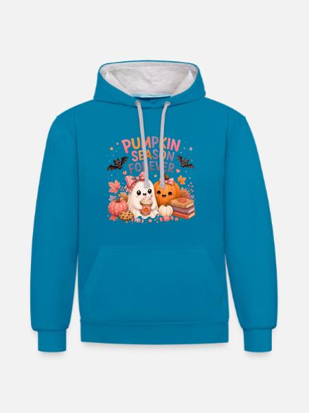 Süßer girly Geist mit Kürbis - Kontrast-Hoodie - Pfauenblau/Grau meliert