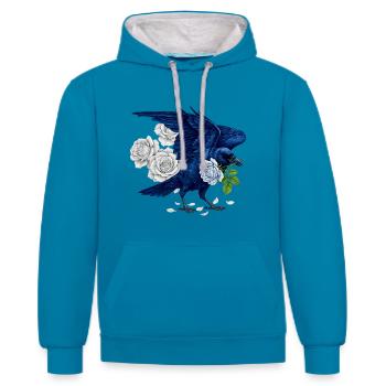 Blauer Rabe und Rosen - Kontrast-Hoodie - Pfauenblau/Grau meliert - Vorne - Liana (172cm) & Jaron (178cm)