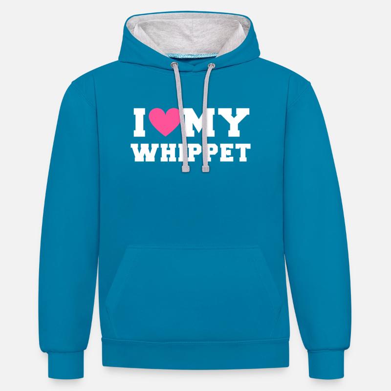I love my Whippet - Sweat à capuche contrasté - bleu paon/gris chiné