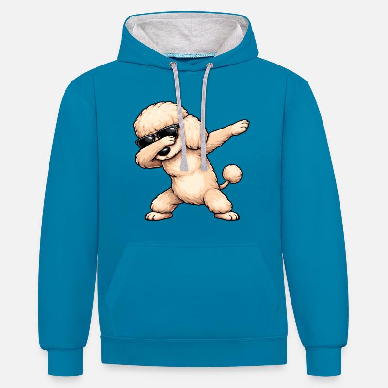 Caniche en train de dobber - Sweat à capuche contrasté - bleu paon/gris chiné