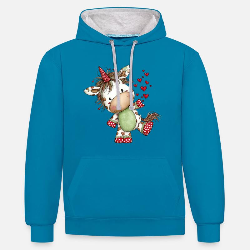 Süßes Herz-Einhorn: Verspieltes Comic-Design - Kontrast-Hoodie - Pfauenblau/Grau meliert