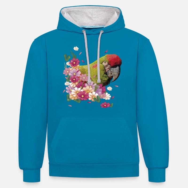 Ara à front rouge - Sweat à capuche contrasté - bleu paon/gris chiné