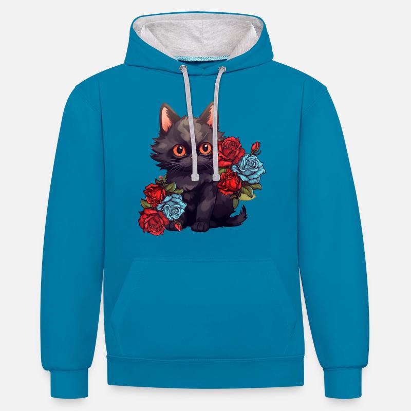 Chat aux roses - Sweat à capuche contrasté - bleu paon/gris chiné