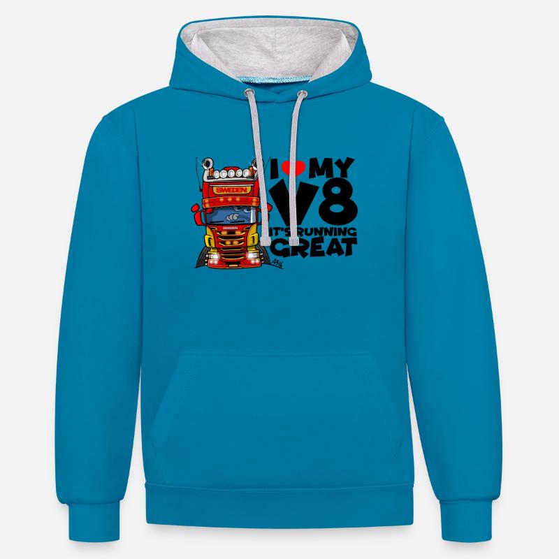 0323 J’adore mon V8 - Sweat à capuche contrasté - bleu paon/gris chiné
