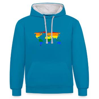 carte du monde - Sweat à capuche contrasté - bleu paon/gris chiné - Devant - Liana (172cm) & Jaron (178cm)
