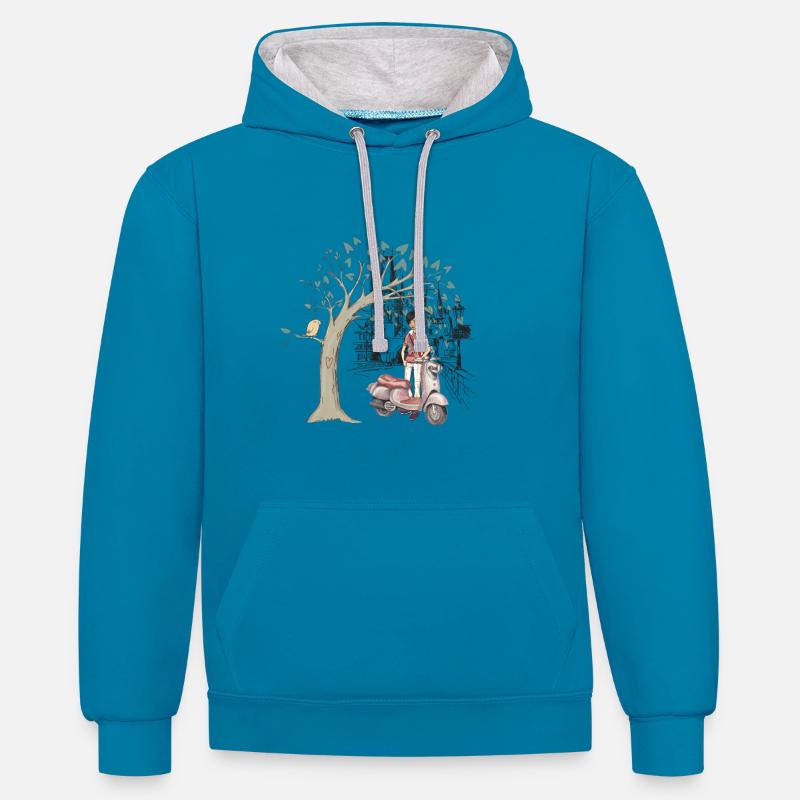 Fille avec scooter - Sweat à capuche contrasté - bleu paon/gris chiné