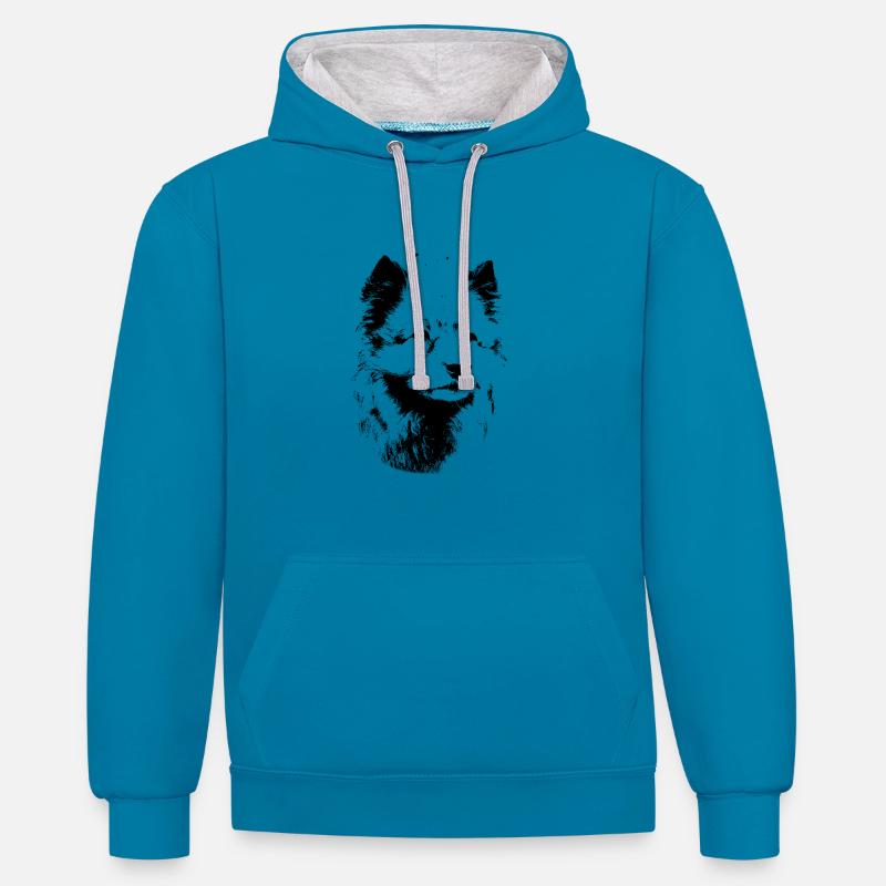 Wolfsspitz Hunderasse - Kontrast-Hoodie - Pfauenblau/Grau meliert