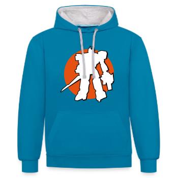 Manga-Bot vor Japan Sonne - Kontrast-Hoodie - Pfauenblau/Grau meliert - Vorne - Liana (172cm) & Jaron (178cm)