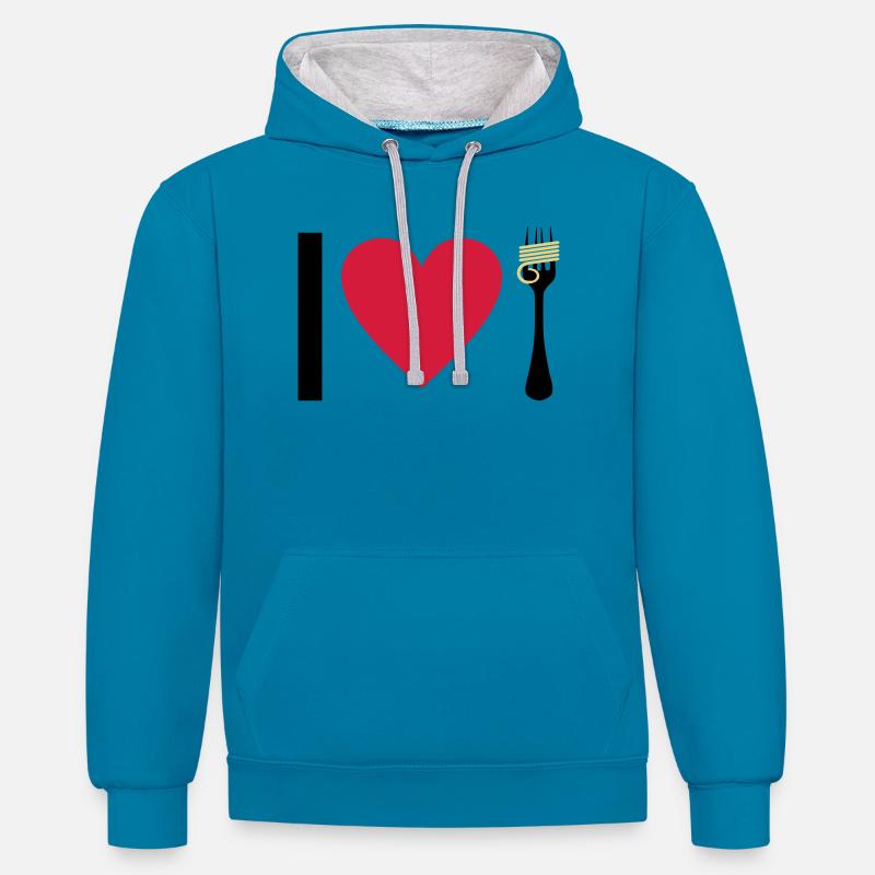 I love Pasta - Sweat à capuche contrasté - bleu paon/gris chiné