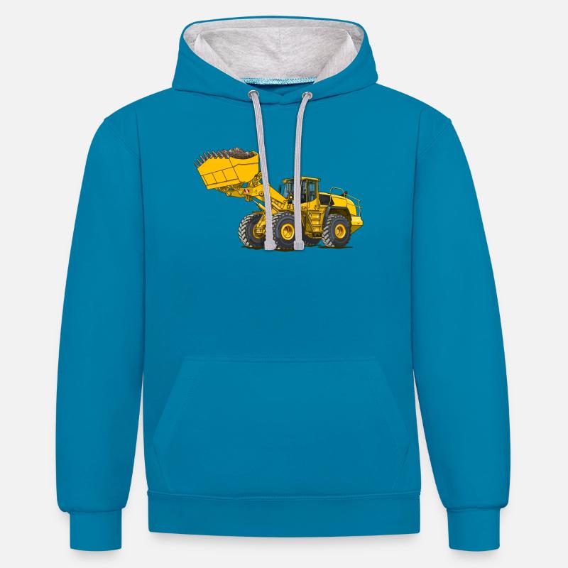 Chargeuse sur pneus, engin de chantier - Sweat à capuche contrasté - bleu paon/gris chiné