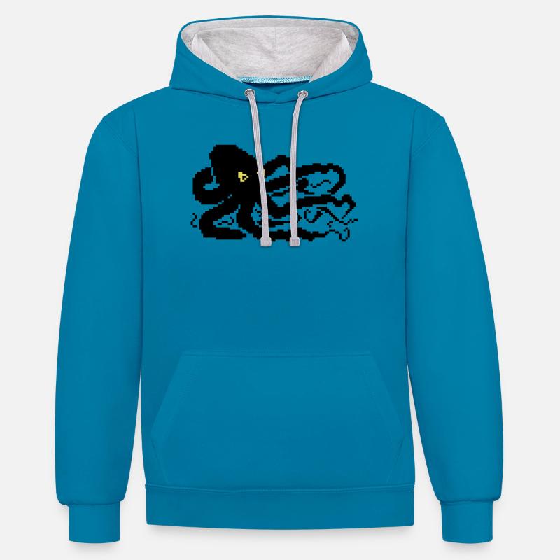 Pieuvre pixel 8 bits - Sweat à capuche contrasté - bleu paon/gris chiné