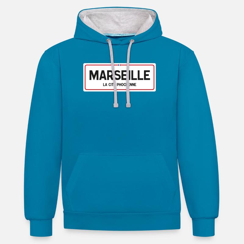 Panneau toponyme Marseille - Sweat à capuche contrasté - bleu paon/gris chiné