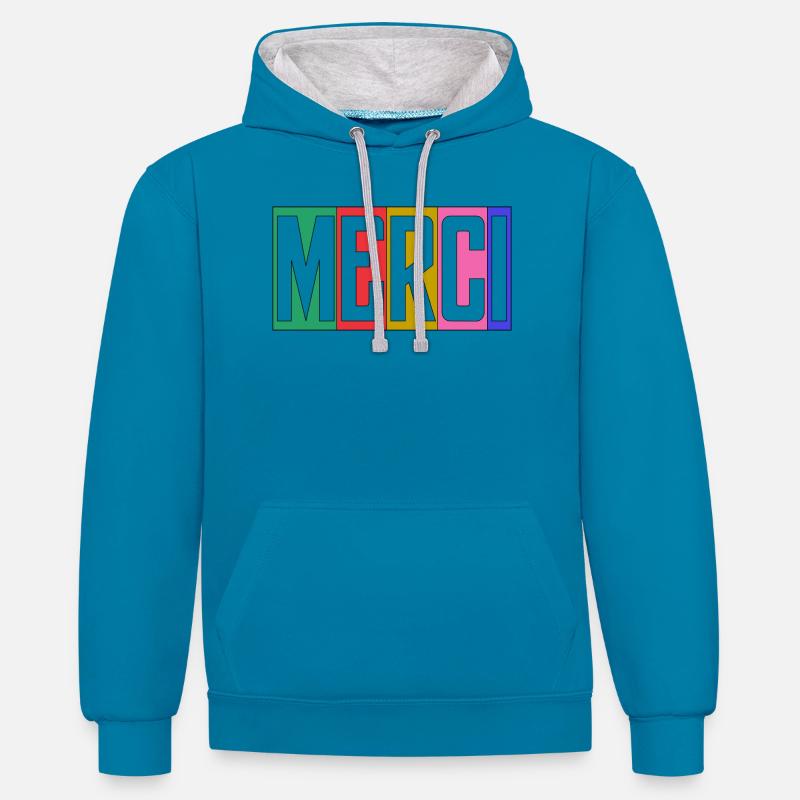 MERCI. THANKS. ANNIVERSAIRE. NAISSANCE. RETRAITE. - Sweat à capuche contrasté - bleu paon/gris chiné