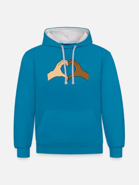 Coloured heart hand motif - customisable - Contrast hoodie - peacock blue/heather grey