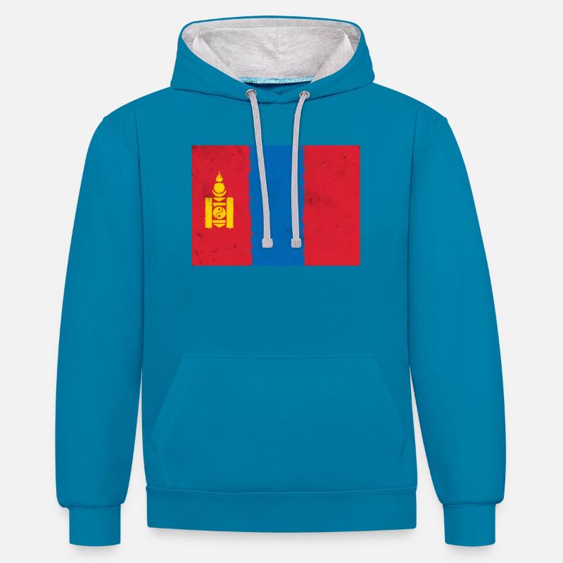 Drapeau de la Mongolie - Sweat à capuche contrasté - bleu paon/gris chiné
