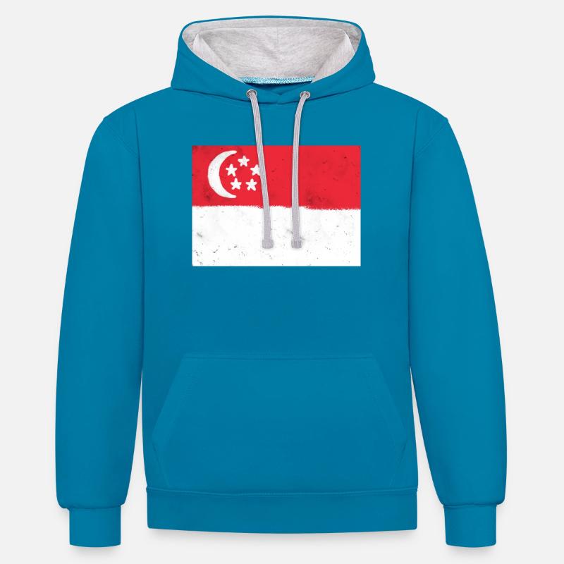 Drapeau de Singapour - Sweat à capuche contrasté - bleu paon/gris chiné