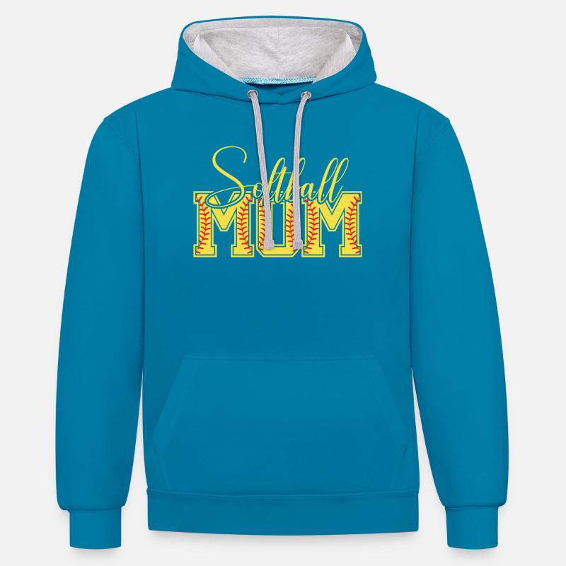 Logo lettré de maman de softball - Sweat à capuche contrasté - bleu paon/gris chiné