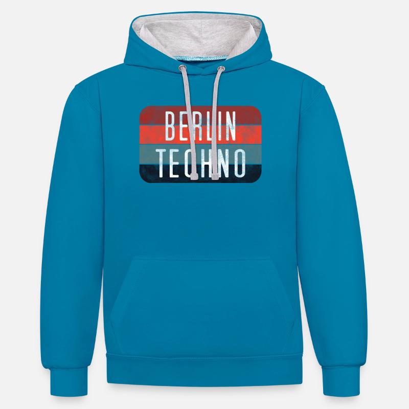 Berlin Techno Text - Sweat à capuche contrasté - bleu paon/gris chiné