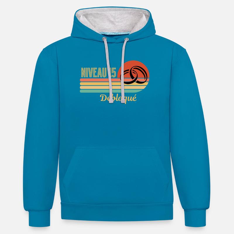 Niveau 15 débloqué design rétro graphique - Sweat à capuche contrasté - bleu paon/gris chiné