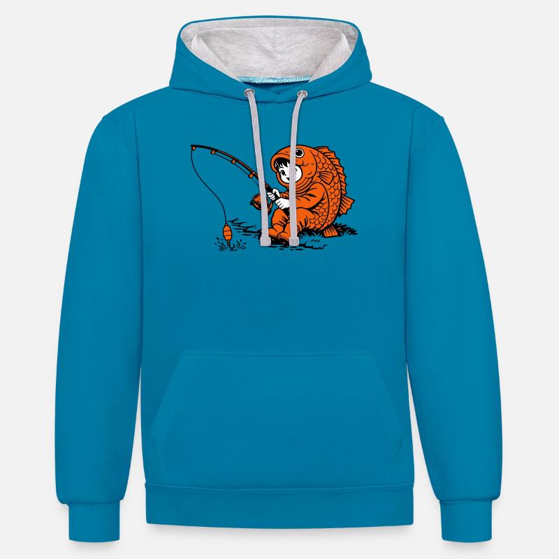 Garçon en costume de poisson pêcheant - Sweat à capuche contrasté - bleu paon/gris chiné