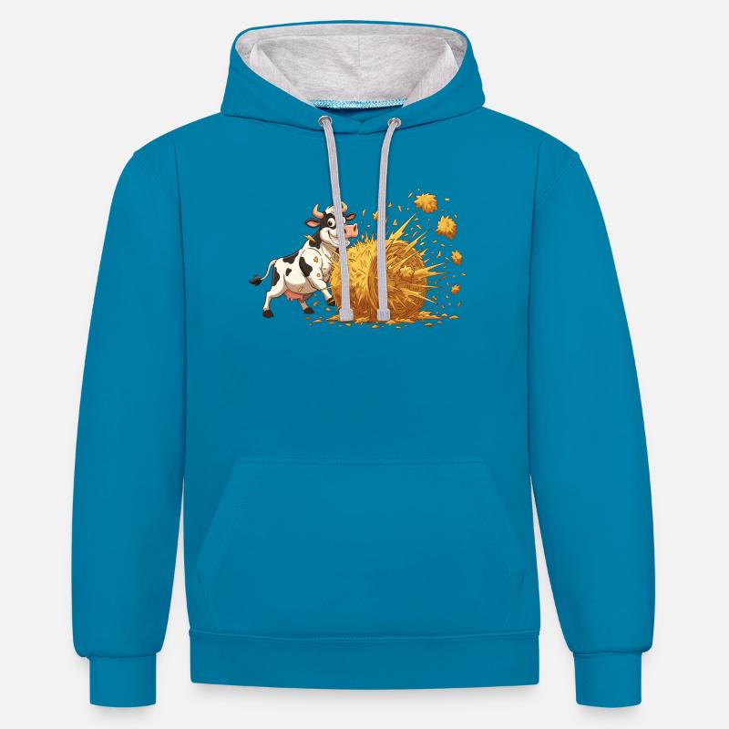 Explosion de vache et de foin - Sweat à capuche contrasté - bleu paon/gris chiné