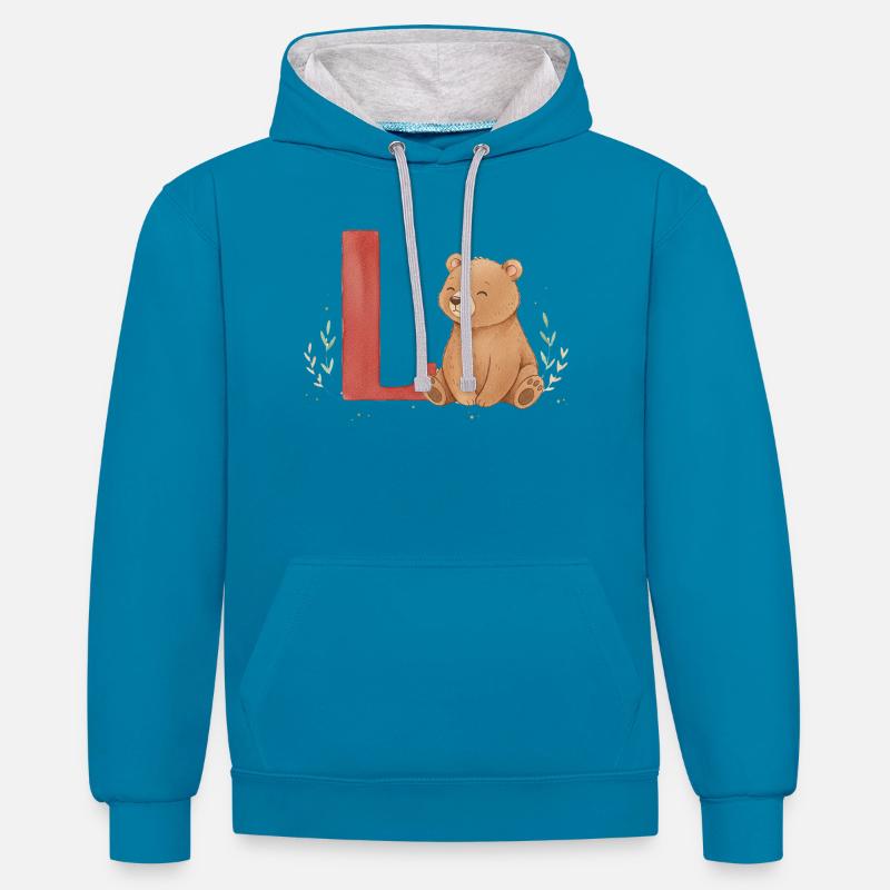 Ours aquarelle avec L rouge - Sweat à capuche contrasté - bleu paon/gris chiné