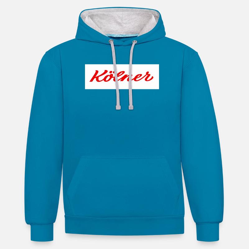 Kölner Roter Script-Logo Print - Kontrast-Hoodie - Pfauenblau/Grau meliert