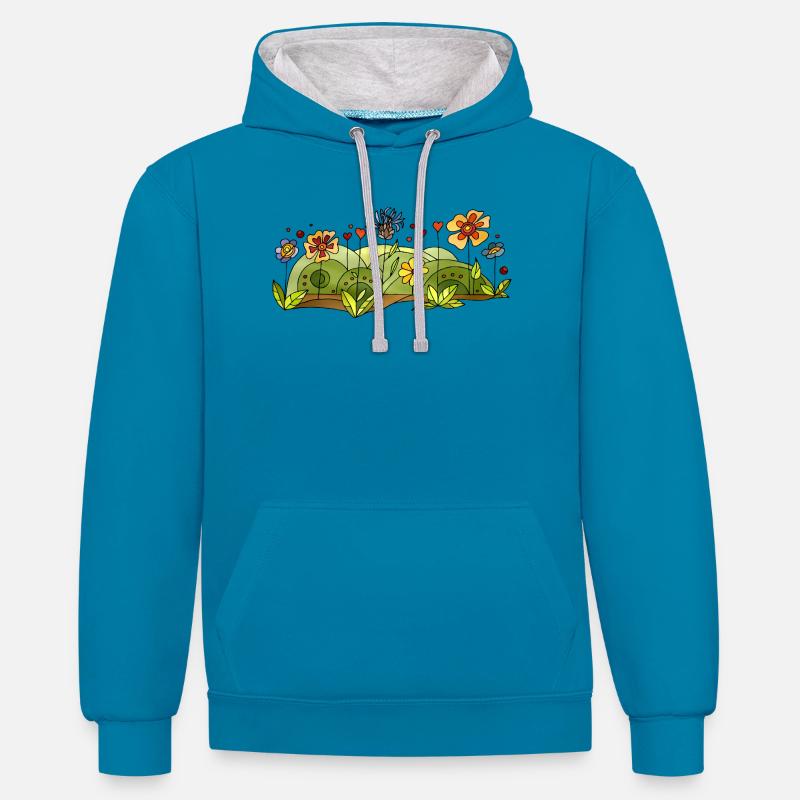 Fleur - Sweat à capuche contrasté - bleu paon/gris chiné