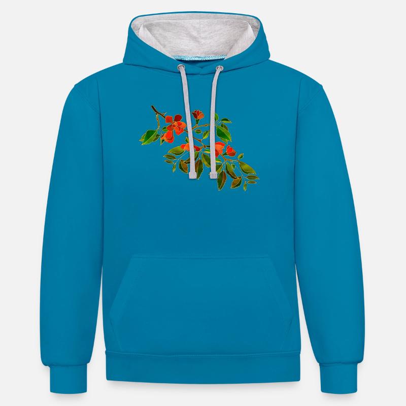 Fleur - Sweat à capuche contrasté - bleu paon/gris chiné