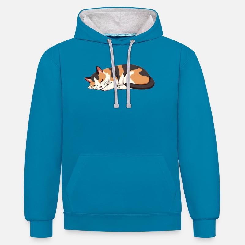 chat endormi - Sweat à capuche contrasté - bleu paon/gris chiné