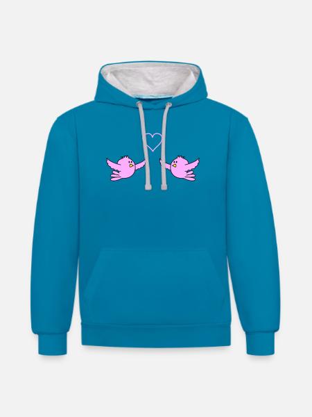 birds_in_love - Sweat à capuche contrasté - bleu paon/gris chiné