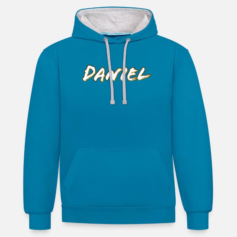Profil doré du lettrage Daniel - Sweat à capuche contrasté - bleu paon/gris chiné
