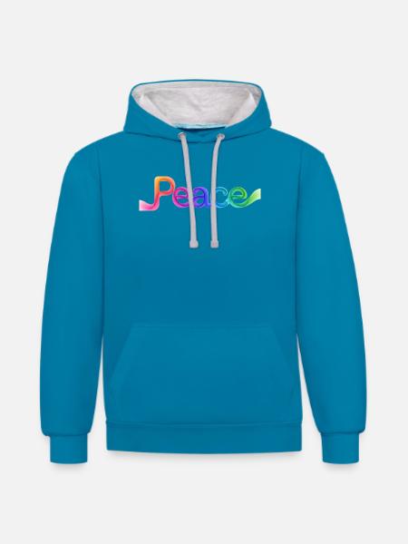 Farbige Peace-Schrift im Pfeildesign - Kontrast-Hoodie - Pfauenblau/Grau meliert