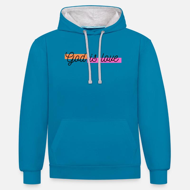 Dieu est amour - Sweat à capuche contrasté - bleu paon/gris chiné