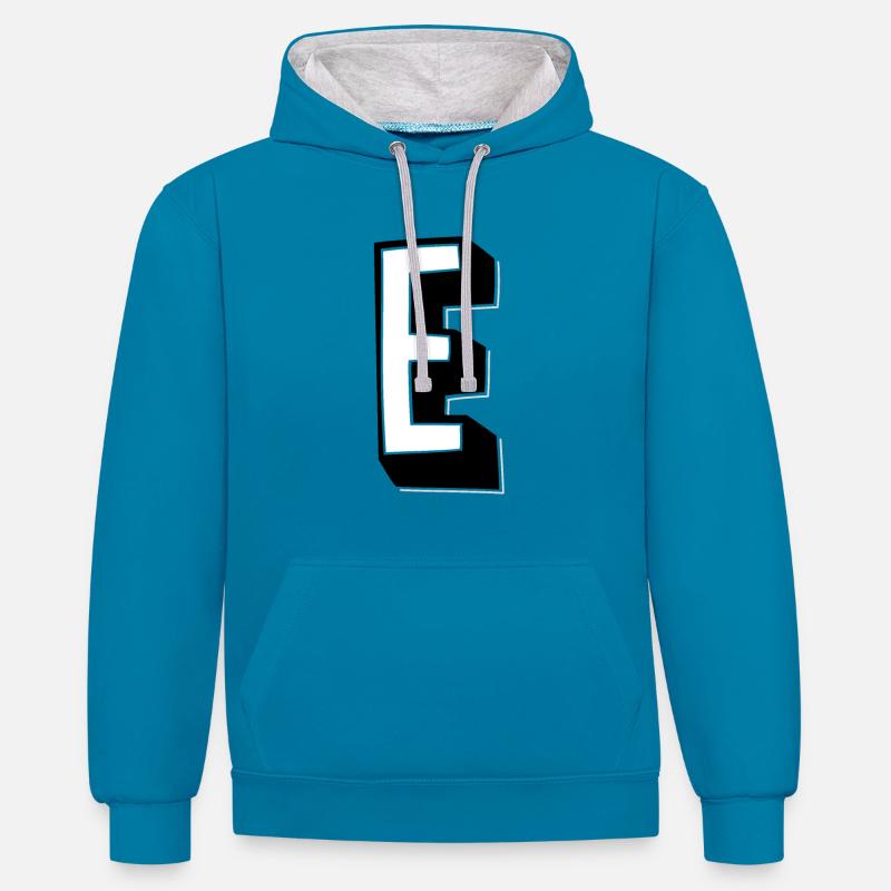 Lettre E - Alphabet E - Sweat à capuche contrasté - bleu paon/gris chiné