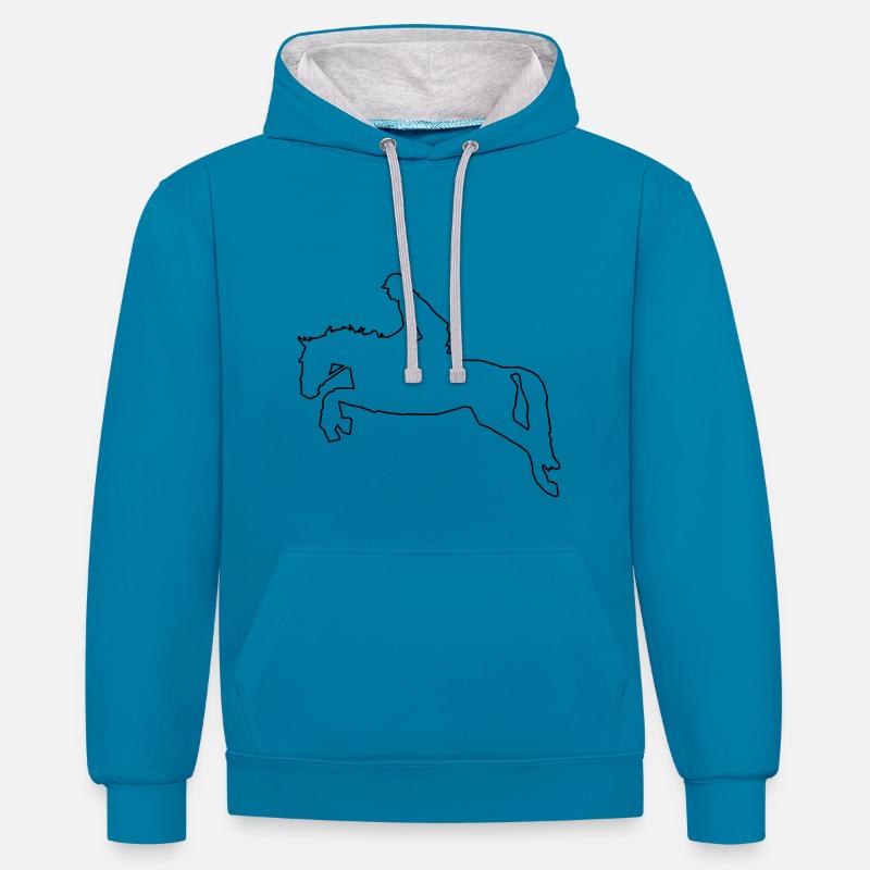 Springendes Pferd im Oneline Design - Kontrast-Hoodie - Pfauenblau/Grau meliert