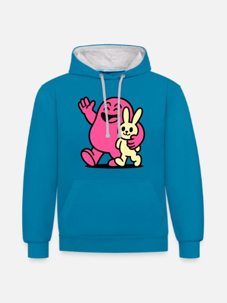 Heureux amis ! - Sweat à capuche contrasté - bleu paon/gris chiné