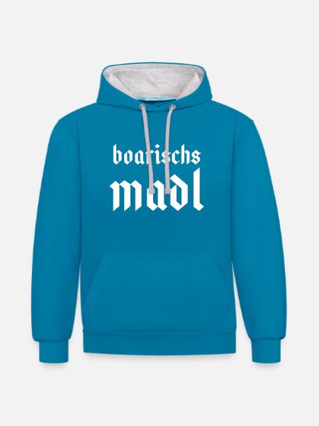 boarischs Madl - Kontrast-Hoodie - Pfauenblau/Grau meliert