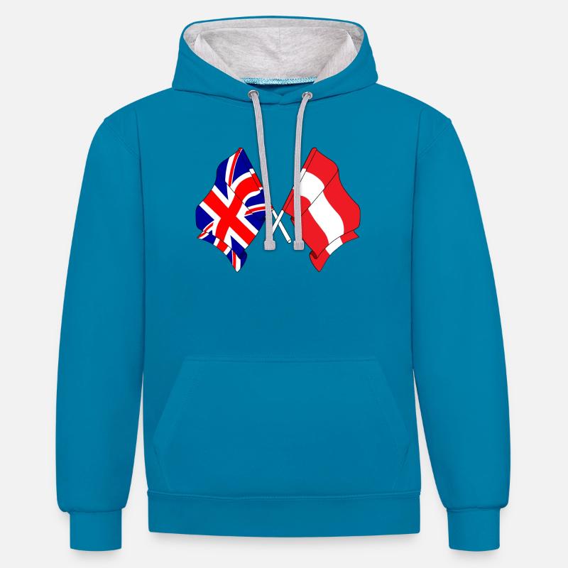 Drapeau de l’Angleterre, drapeau de l’Autriche - Sweat à capuche contrasté - bleu paon/gris chiné