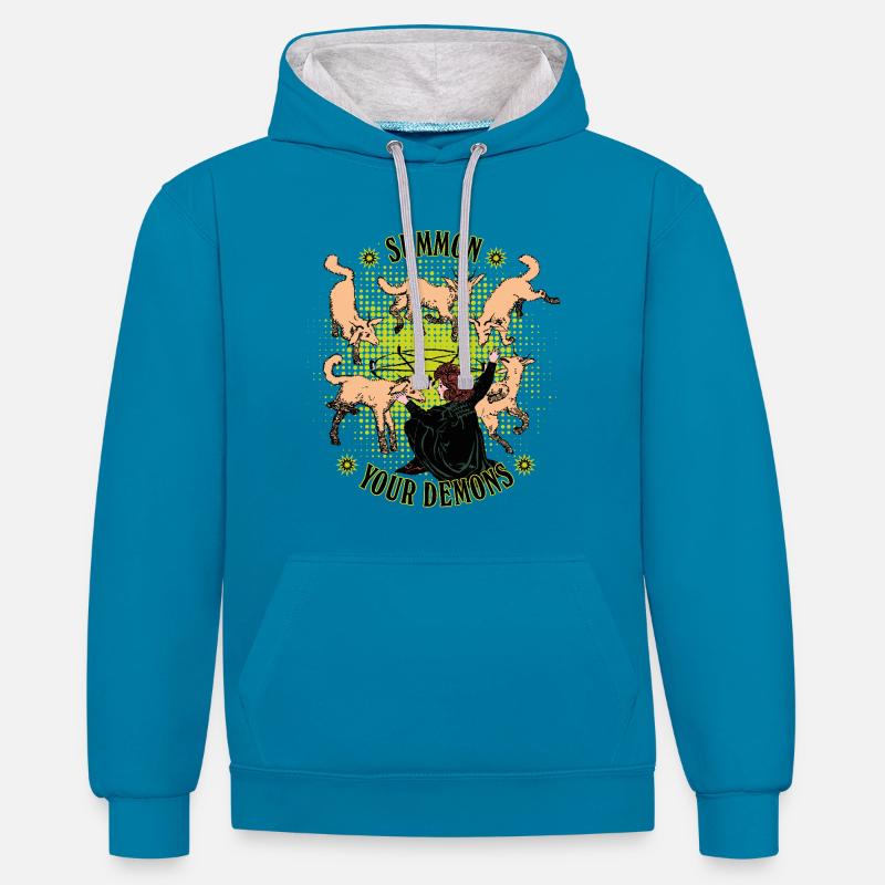 Invocation de démons de style rétro - Sweat à capuche contrasté - bleu paon/gris chiné