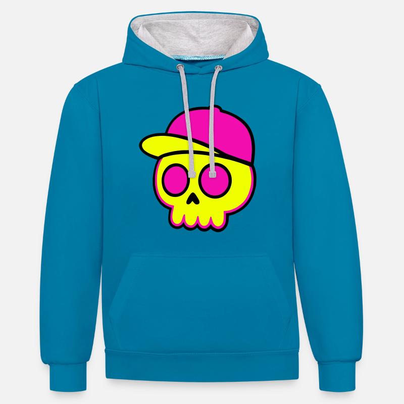 Neon Skull Cap Design - Kontrast-Hoodie - Pfauenblau/Grau meliert