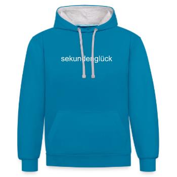 sekundenglueck - Kontrast-Hoodie - Pfauenblau/Grau meliert - Vorne - Liana (172cm) & Jaron (178cm)